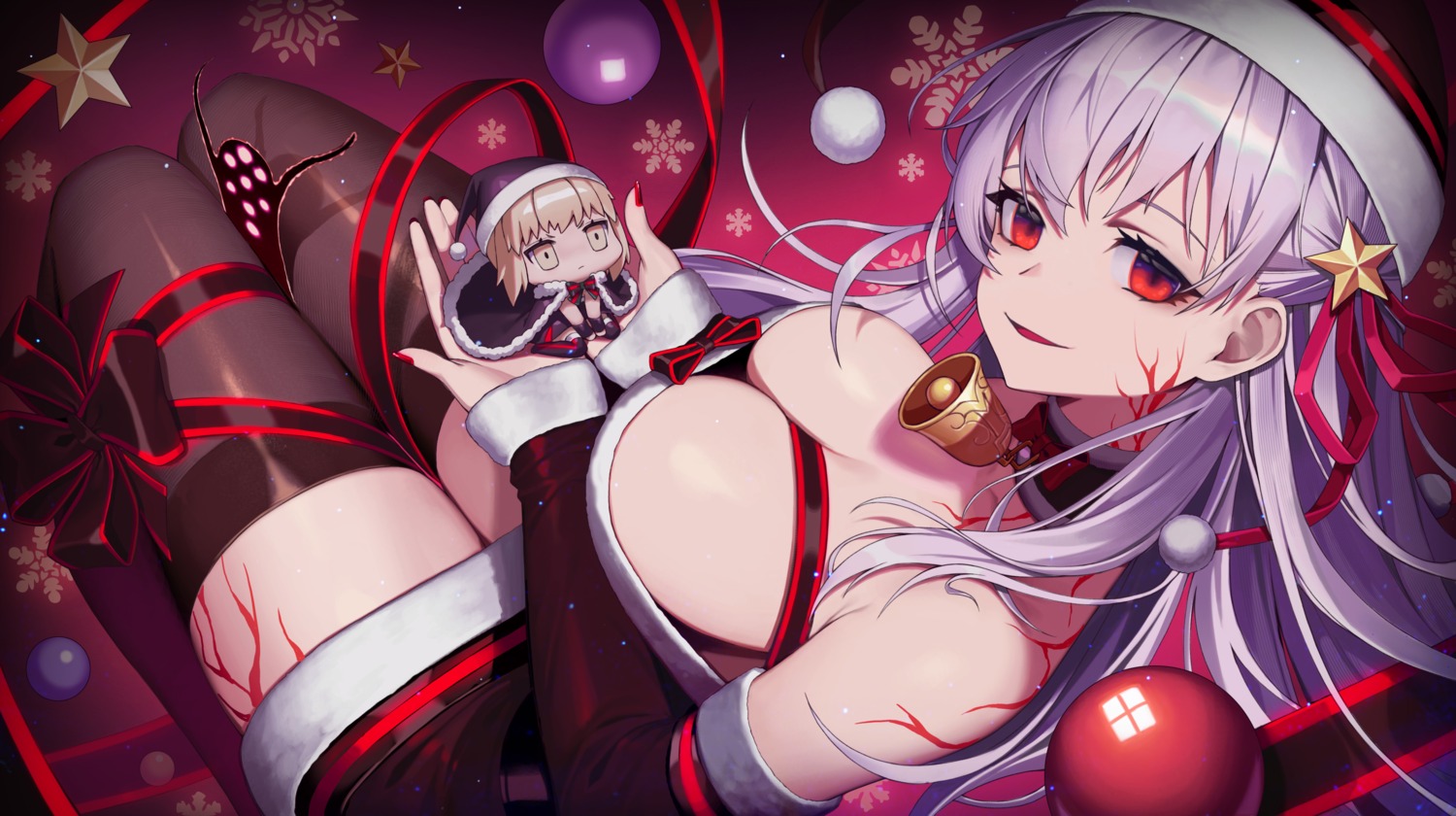 chibi christmas dark_sakura de_nim dress fate/stay_night fate/stay_night_heaven's_feel matou_sakura no_bra saber saber_alter tattoo thighhighs