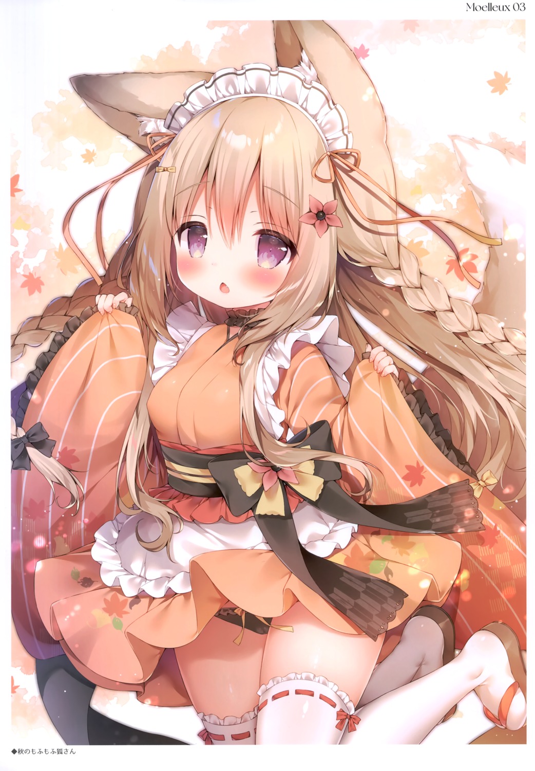 animal_ears japanese_clothes kitsune mochi_peach momozu_komamochi pantsu skirt_lift tail thighhighs