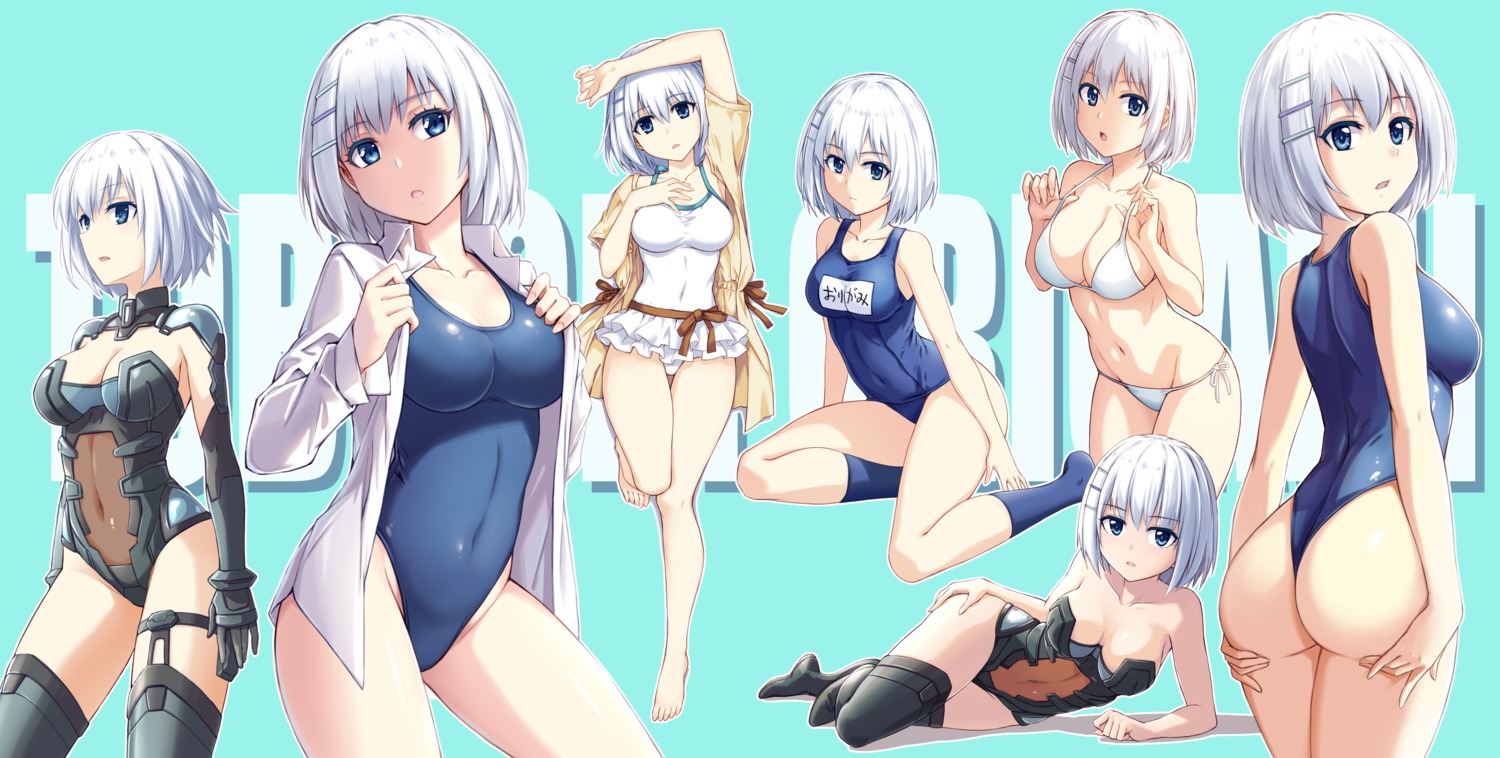 armor ass bikini breast_hold cleavage date_a_live dress_shirt fish_boy garter leotard no_bra school_swimsuit stockings swimsuits thighhighs tobiichi_origami undressing