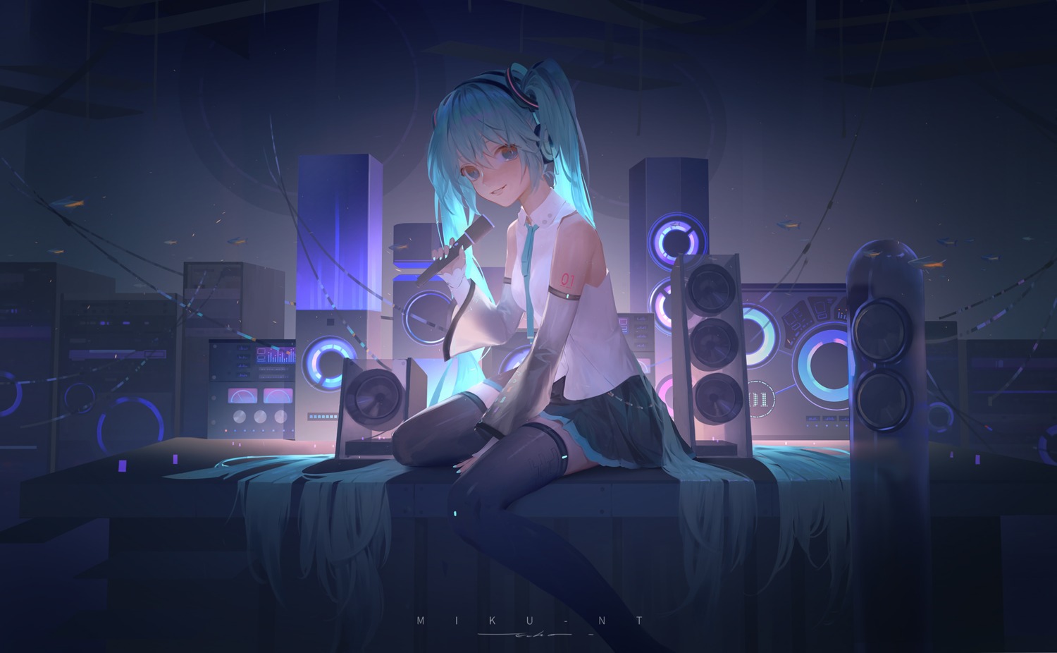 echosdoodle hatsune_miku headphones tattoo thighhighs vocaloid