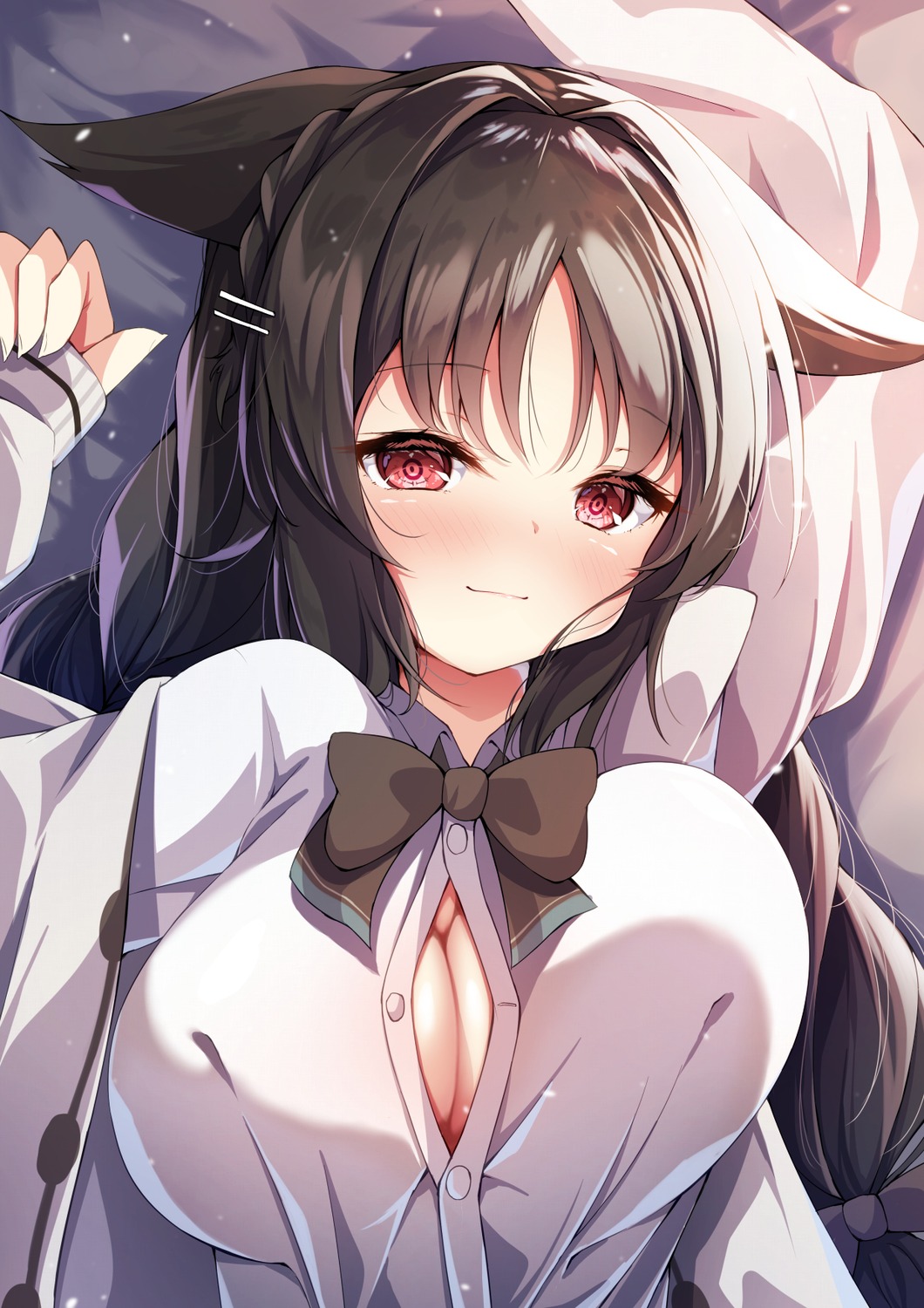 animal_ears azur_lane cleavage madotsukumo no_bra ooshio_(azur_lane) open_shirt seifuku sweater