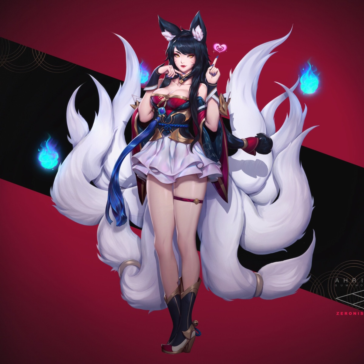 ahri animal_ears cleavage garter heels league_of_legends tail zeronis