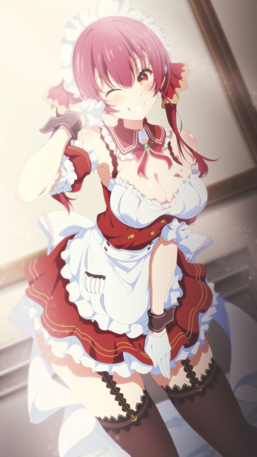 aquarium_(hololive) cleavage hololive houshou_marine maid shimada_(odddddd64) stockings thighhighs waitress