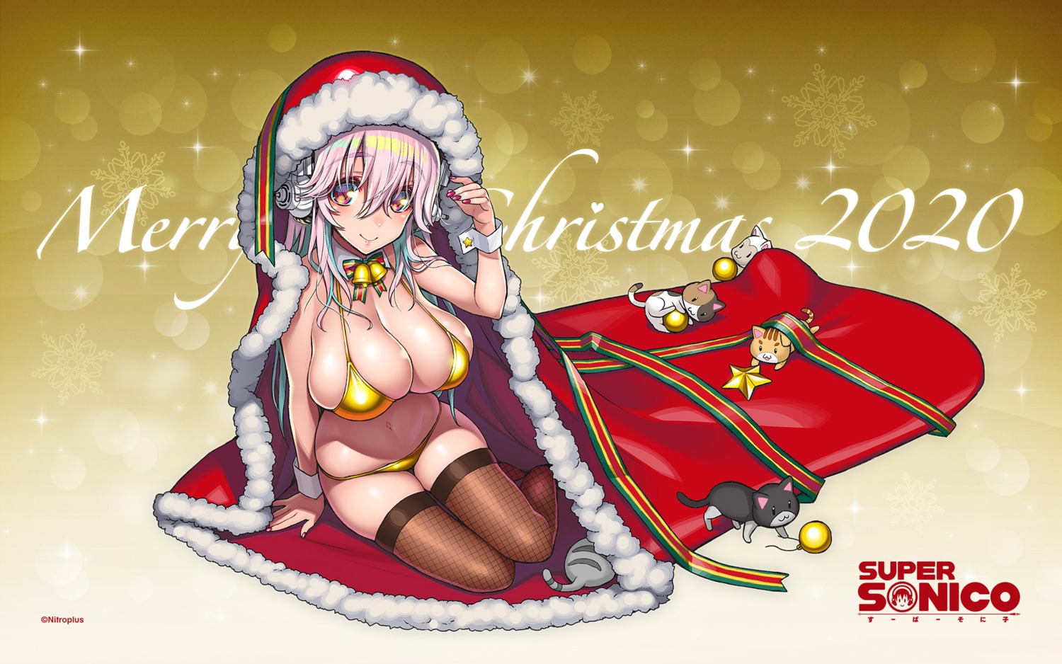 bikini christmas fishnets headphones neko sonico super_sonico swimsuits thighhighs tsuji_santa wallpaper