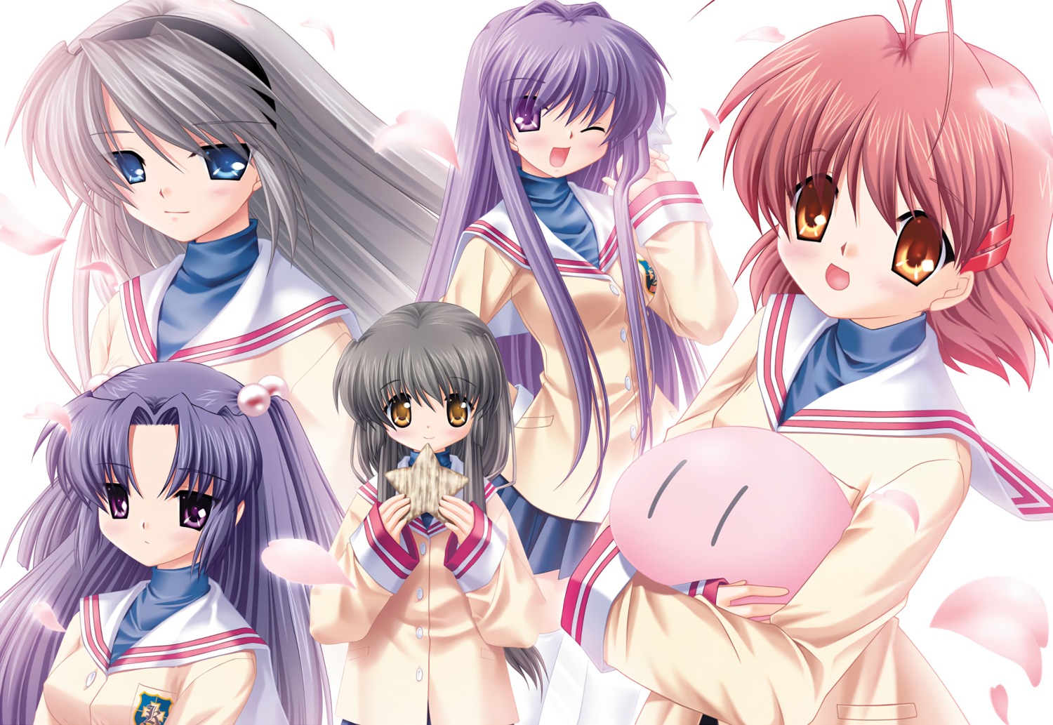 clannad fujibayashi_kyou furukawa_nagisa hinoue_itaru ibuki_fuuko ichinose_kotomi key sakagami_tomoyo seifuku thighhighs