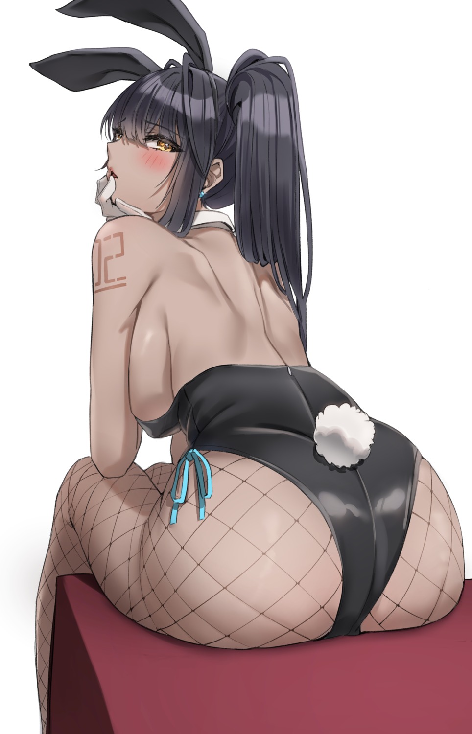 animal_ears applepie_(12711019) ass blue_archive bunny_ears bunny_girl fishnets kakudate_karin no_bra pantyhose tail tattoo