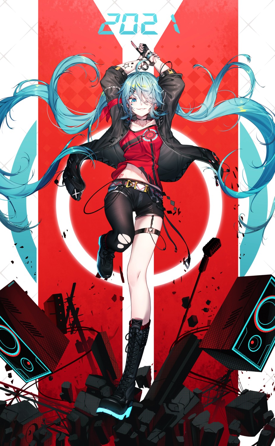 garter hatsune_miku qys3 stockings tattoo thighhighs torn_clothes vocaloid