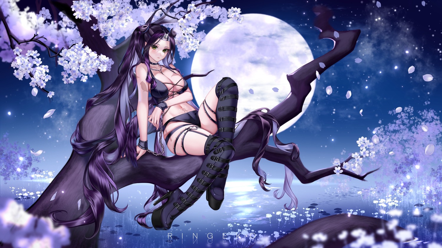 bikini_armor garter heels horns pointy_ears ringeko-chan stockings tattoo thighhighs