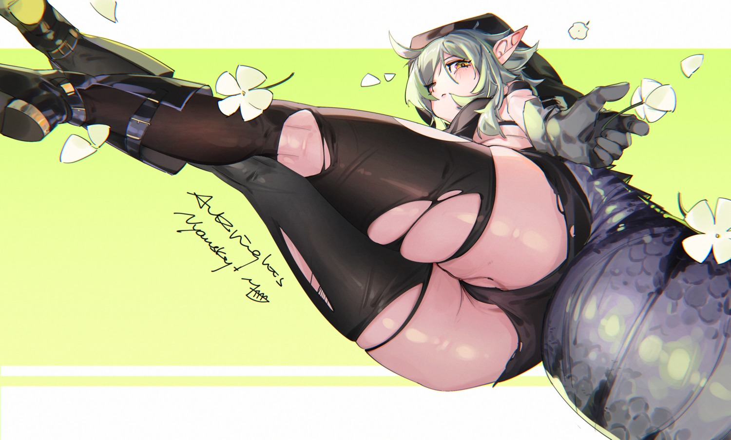arknights ass cameltoe nyansky pointy_ears tail thighhighs tomimi_(arknights) torn_clothes