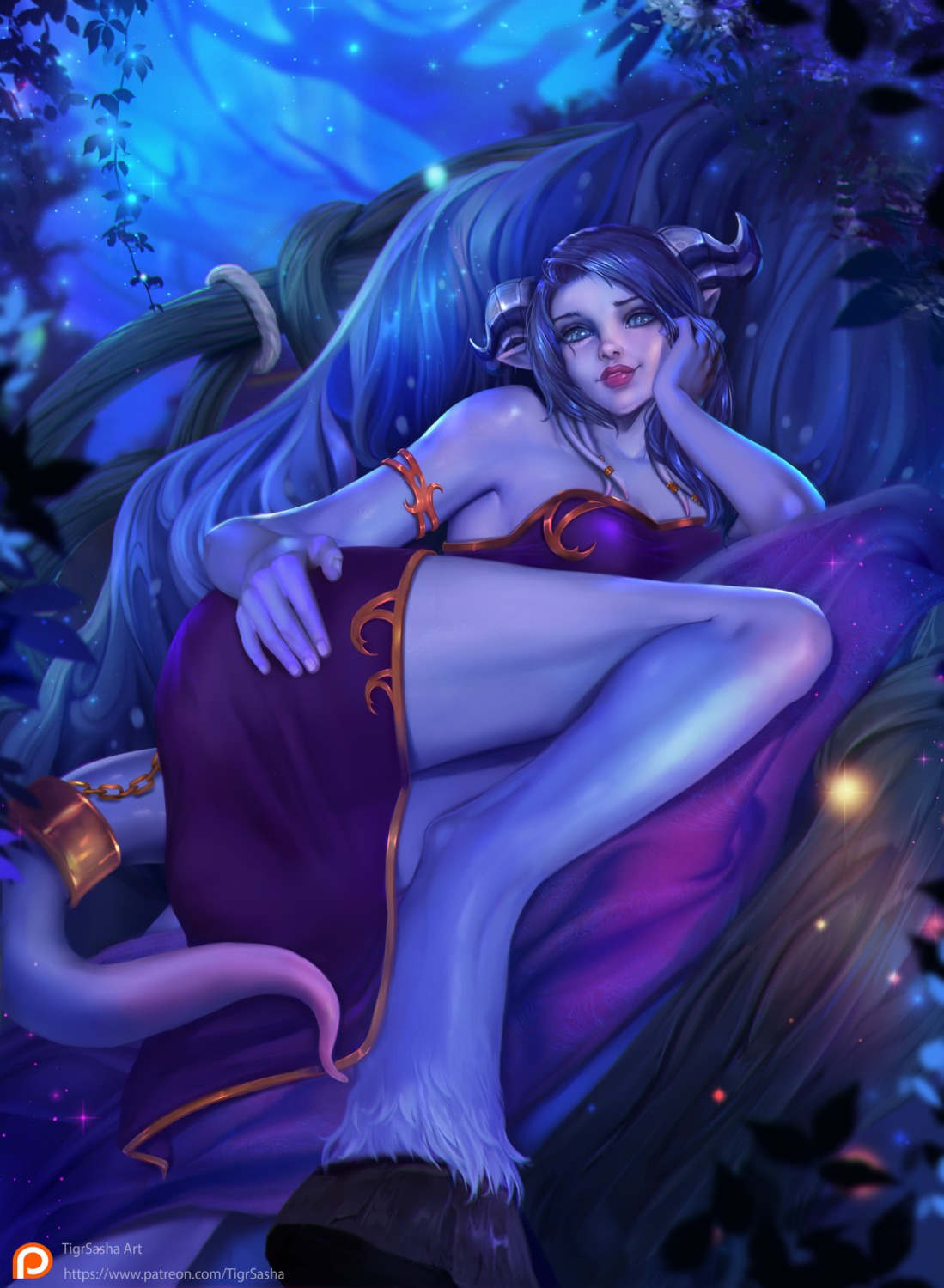 dress horns monster_girl no_bra pointy_ears tail tigrsasha world_of_warcraft