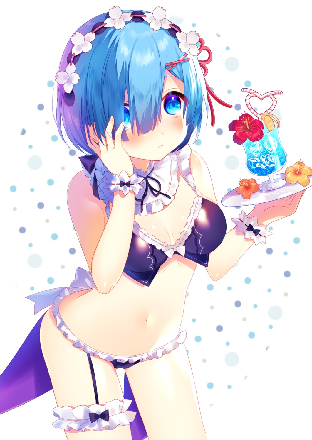 bikini cleavage garter mafuyu_(chibi21) maid re_zero_kara_hajimeru_isekai_seikatsu rem_(re_zero) swimsuits