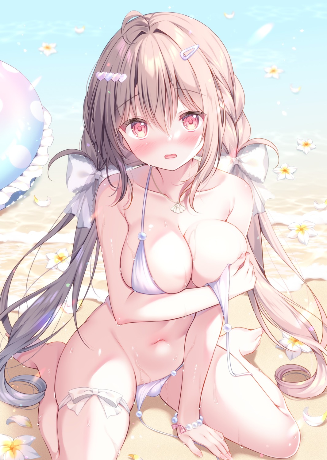 bikini breast_hold garter panty_pull swimsuits wardrobe_malfunction watagashi_yui wet