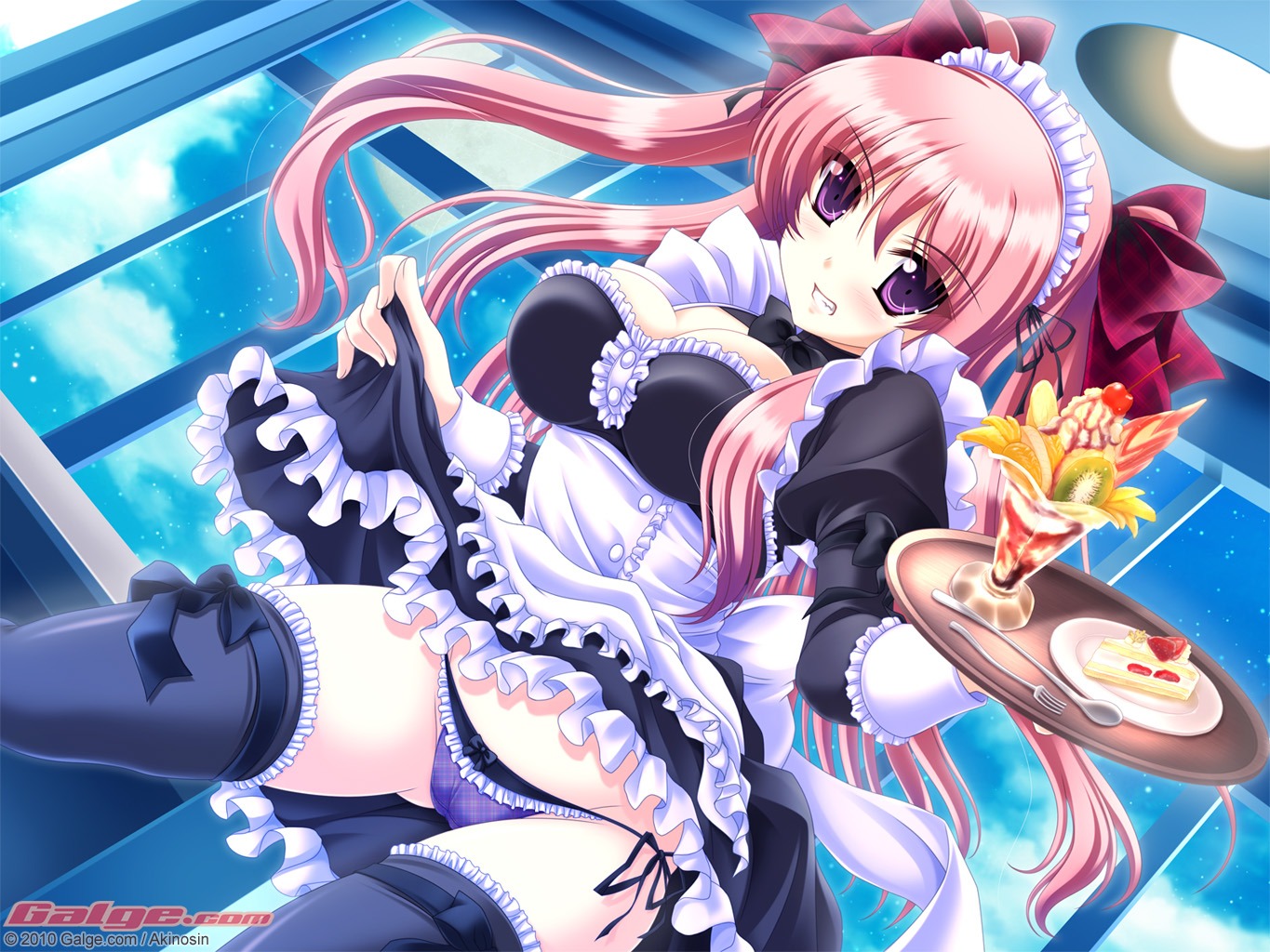 akino_shin cameltoe cleavage galge.com jpeg_artifacts maid pantsu skirt_lift string_panties thighhighs wallpaper