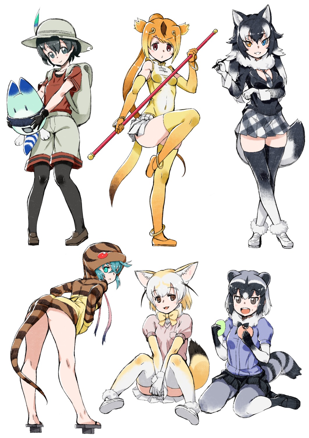 animal_ears common_raccoon fennec_(kemono_friends) golden_snub-nosed_monkey grey_wolf heterochromia kaban_(kemono_friends) kemono_friends lucky_beast pantyhose saruchitan tail thighhighs tsuchinoko_(kemono_friends) weapon