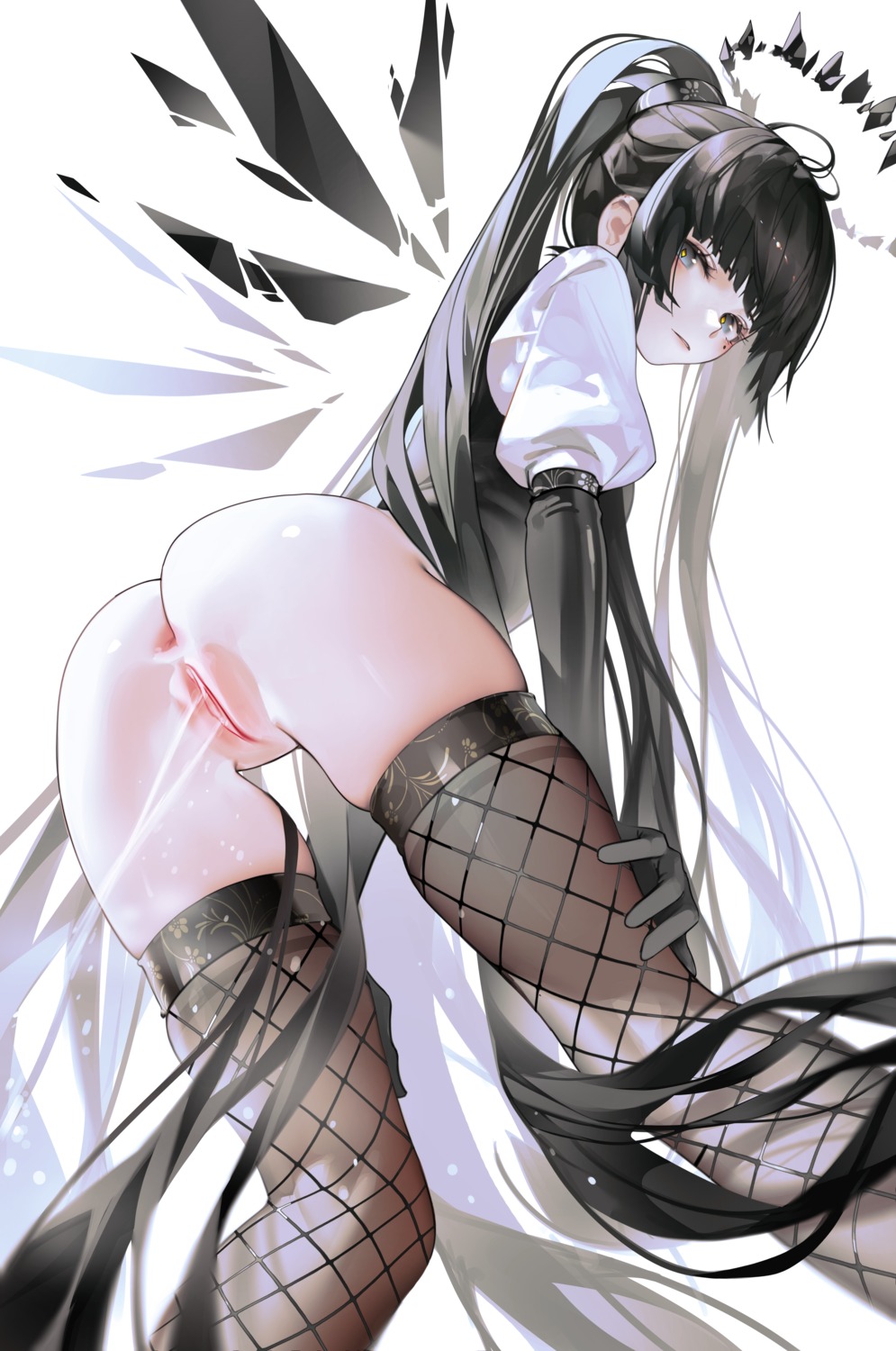 angel anus arknights ass bottomless fishnets iumu pussy pussy_juice thighhighs uncensored virtuosa_(arknights) wings