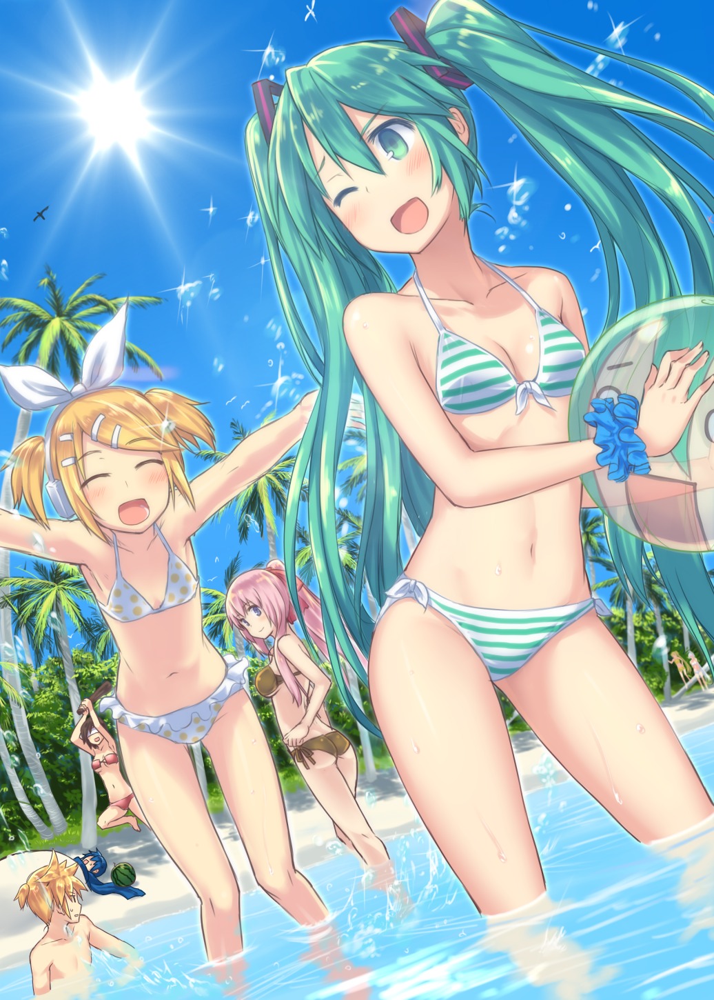 akita_neru bikini cleavage hatsune_miku hiraga_matsuri kagamine_len kagamine_rin kaito megurine_luka meiko swimsuits vocaloid yowane_haku