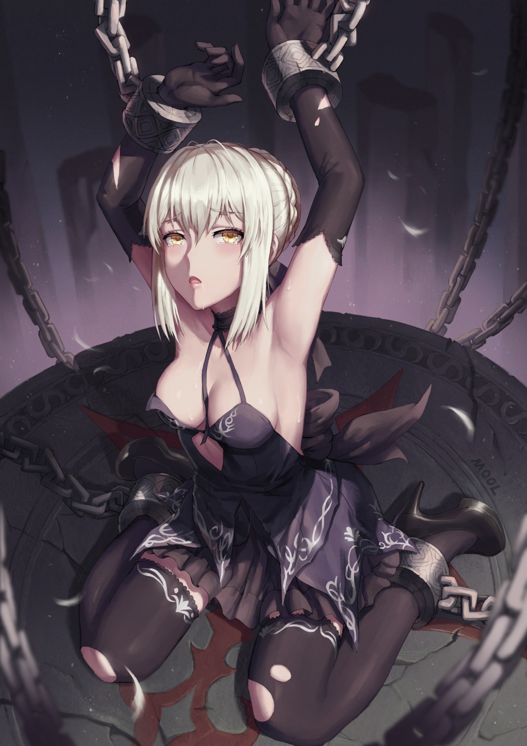 bondage cleavage fate/grand_order heels mool_yueguang no_bra saber saber_alter thighhighs torn_clothes