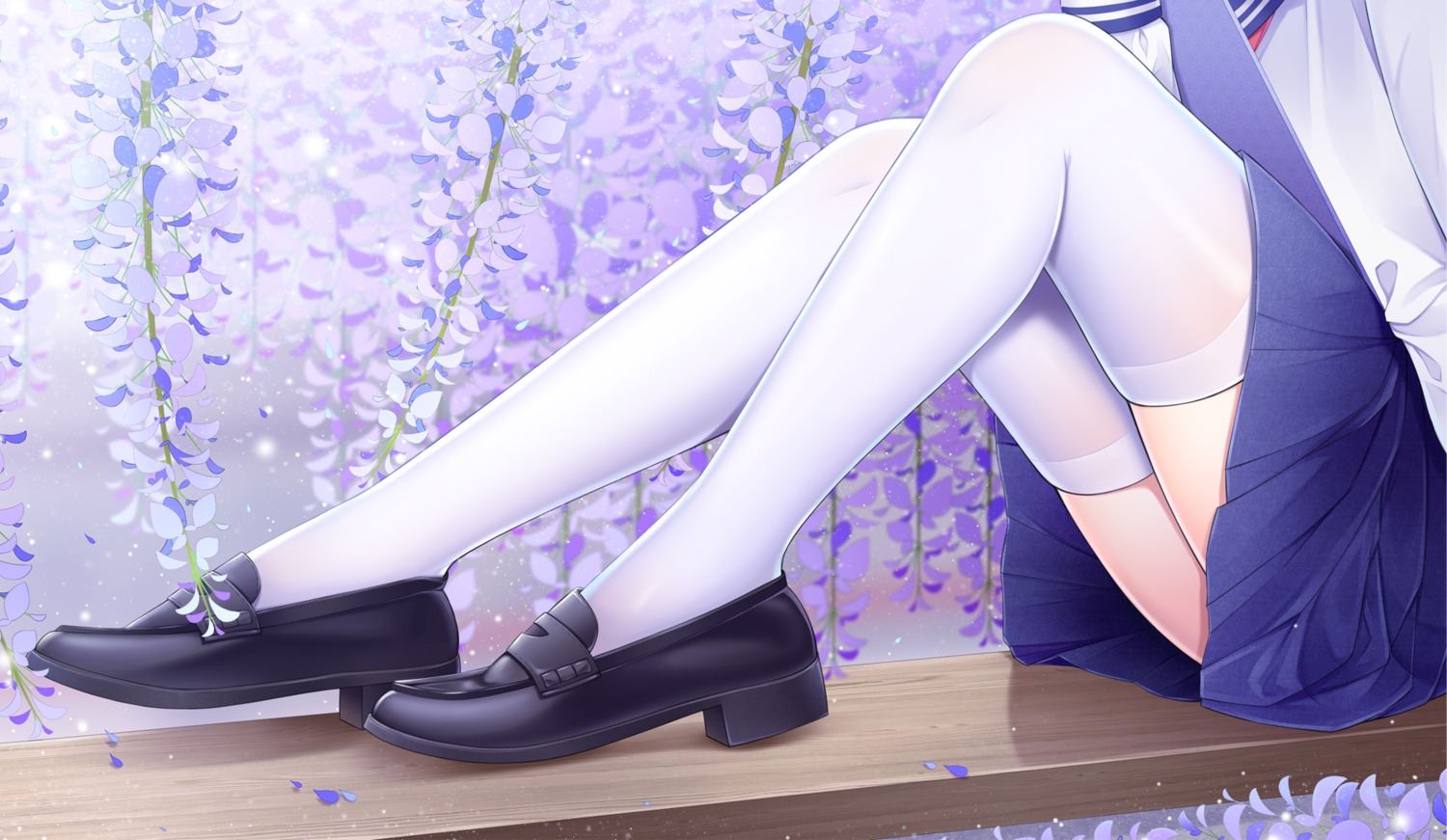 fengli_(709622571) heels seifuku skirt_lift thighhighs