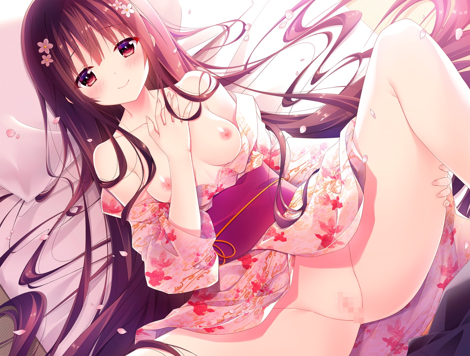 breast_hold breasts censored inagaki_miiko nipples no_bra nopan open_shirt pussy skirt_lift yukata