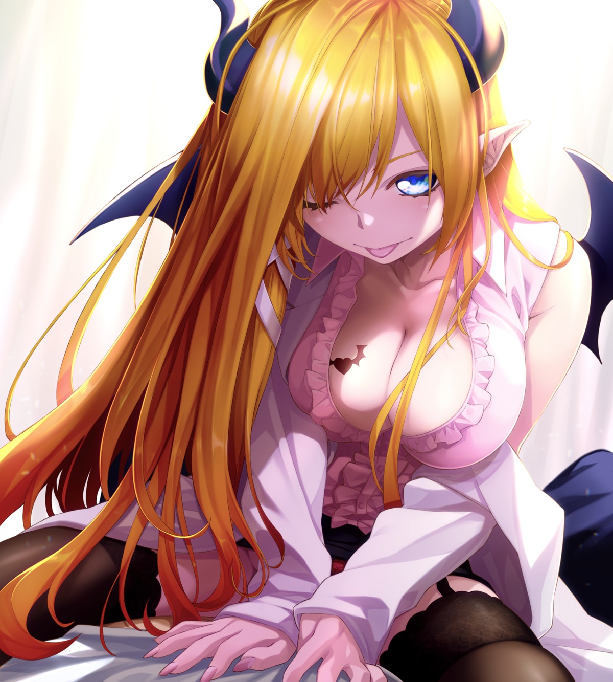 cleavage fenrir_(fenlil0316) hololive horns no_bra open_shirt pointy_ears stockings tattoo thighhighs wings yuzuki_choco