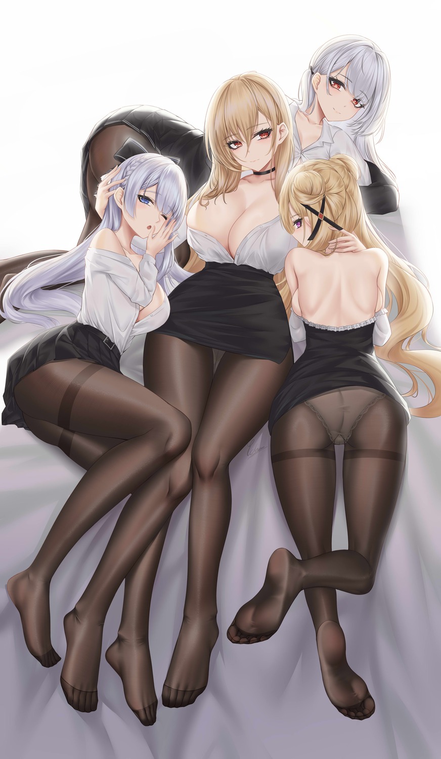 argus_(azur_lane) ass azur_lane dress_shirt feet ichikushi_mojibake implacable_(azur_lane) no_bra open_shirt pantsu pantyhose royal_oak_(azur_lane) scylla_(azur_lane) see_through skirt_lift yuri