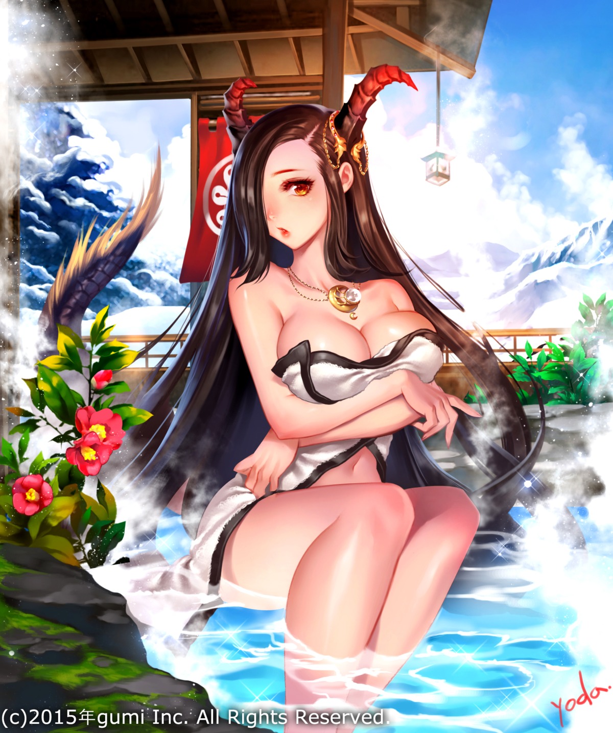 breast_hold cleavage genjyu_hime horns onsen tail towel wet yoda_(ayanamikodon)