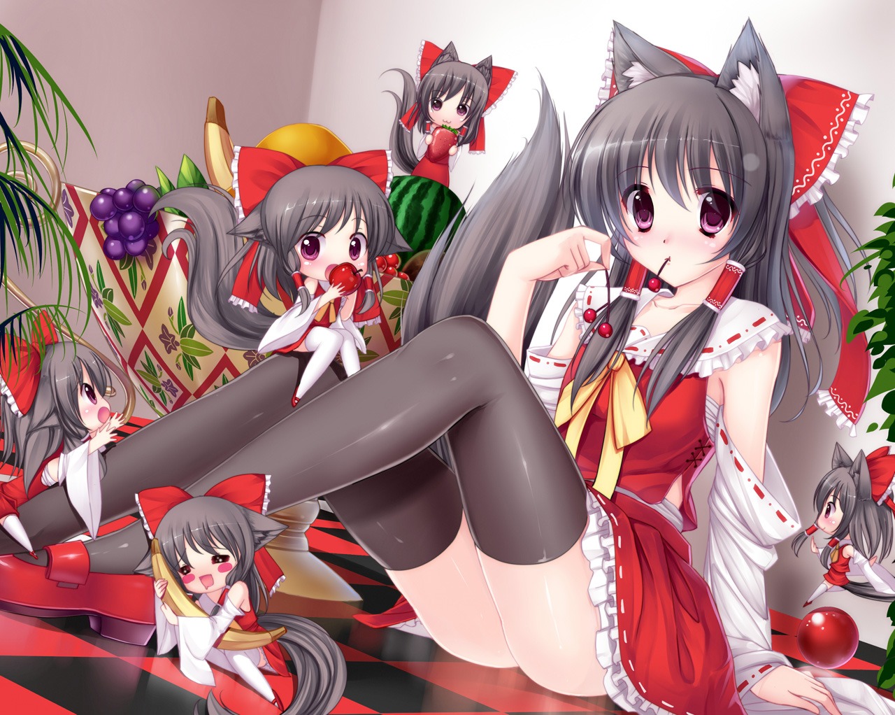 animal_ears caidychen hakurei_reimu kitsune miko nekomimi tail thighhighs touhou