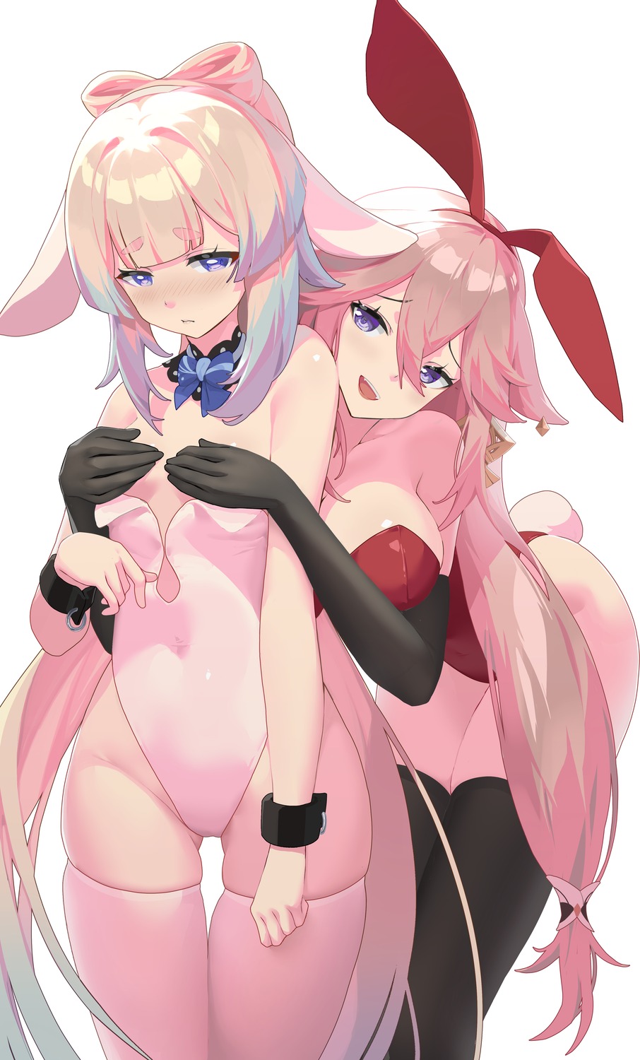 animal_ears breast_hold bunny_ears bunny_girl genshin_impact haku89 no_bra sangonomiya_kokomi tail thighhighs yae_miko yuri