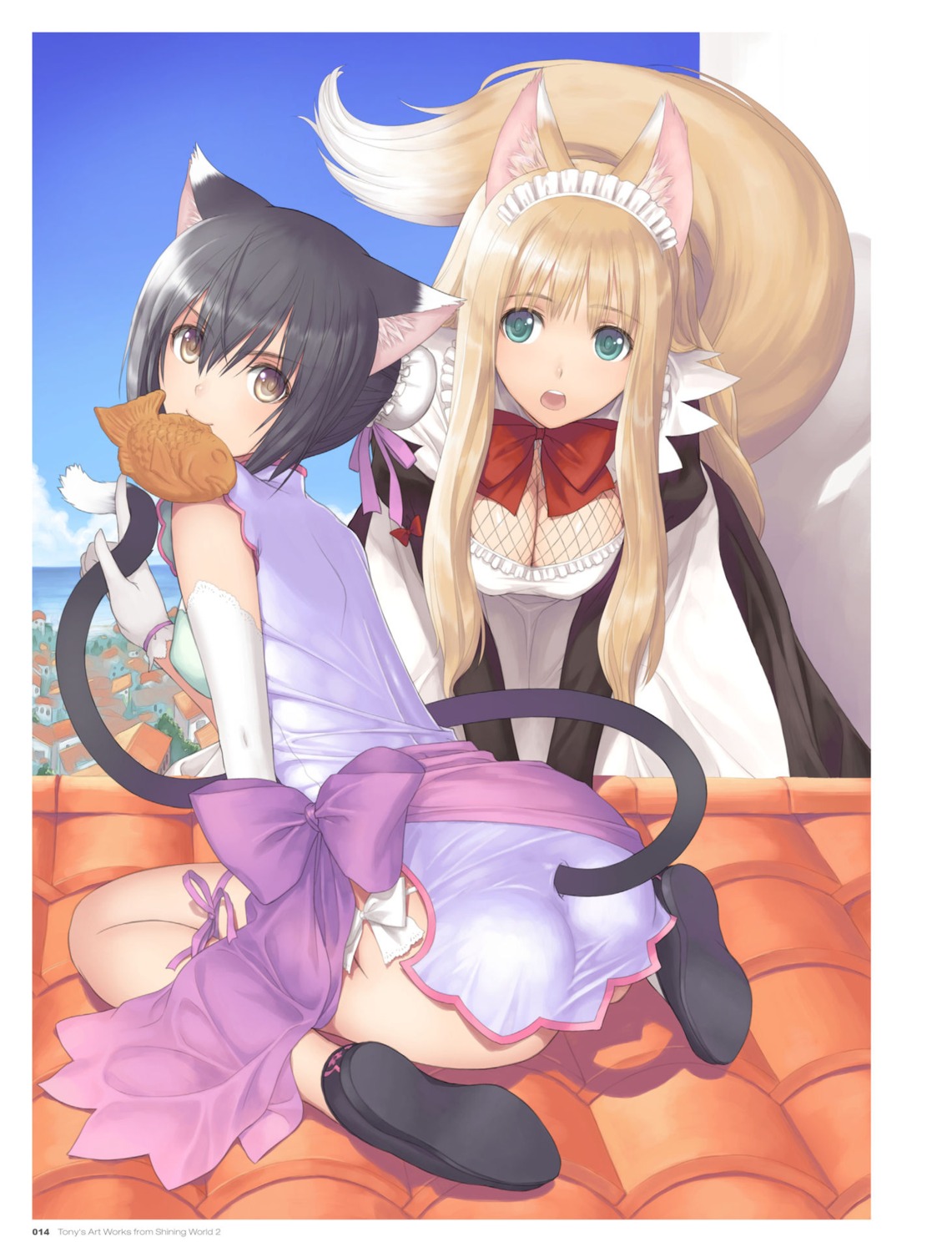 animal_ears ass chinadress cleavage digital_version dress fishnets kitsune lin_xiao-mei maid nekomimi pantsu rouna_murasame shining_hearts shining_world string_panties tail tony_taka