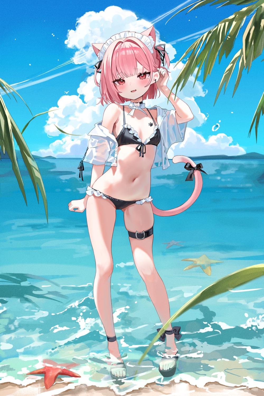 animal_ears bikini garter loli maid mikeneko_(vtuber) nekomimi open_shirt see_through swimsuits tail tattoo wet whitebc