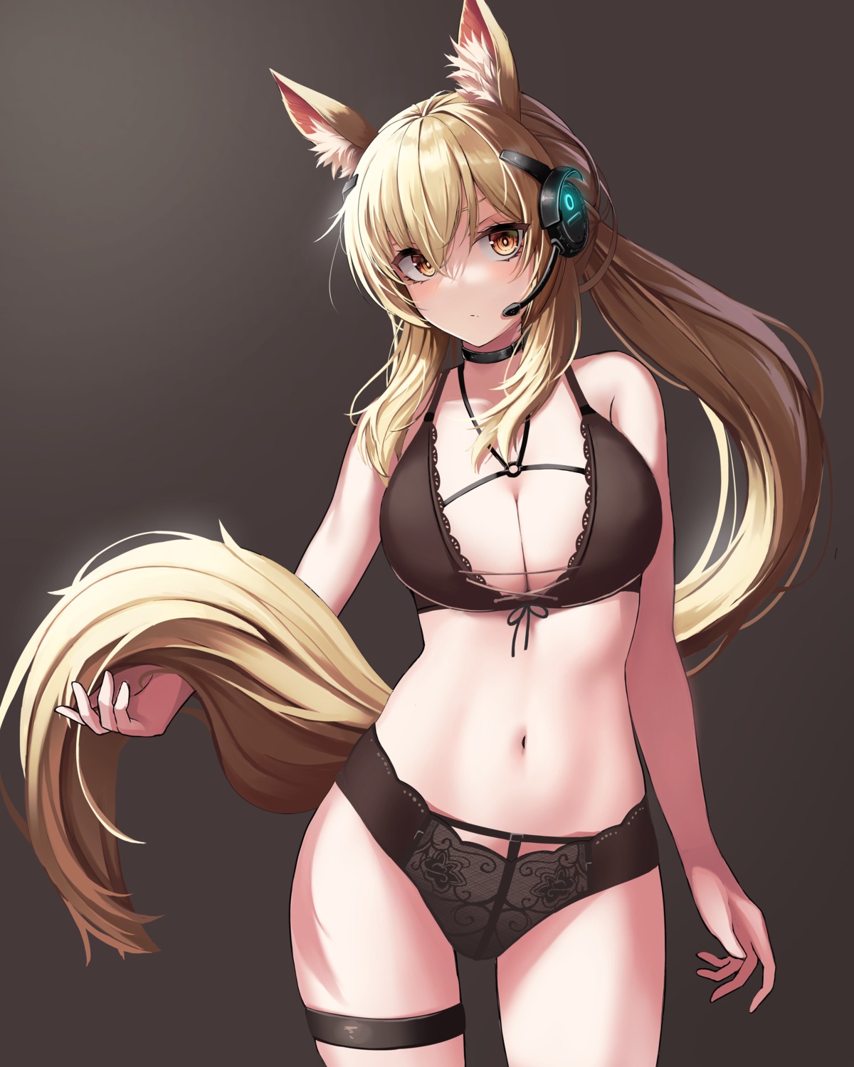 animal_ears arknights bra chun_bae garter headphones lingerie nearl_(arknights) pantsu tail