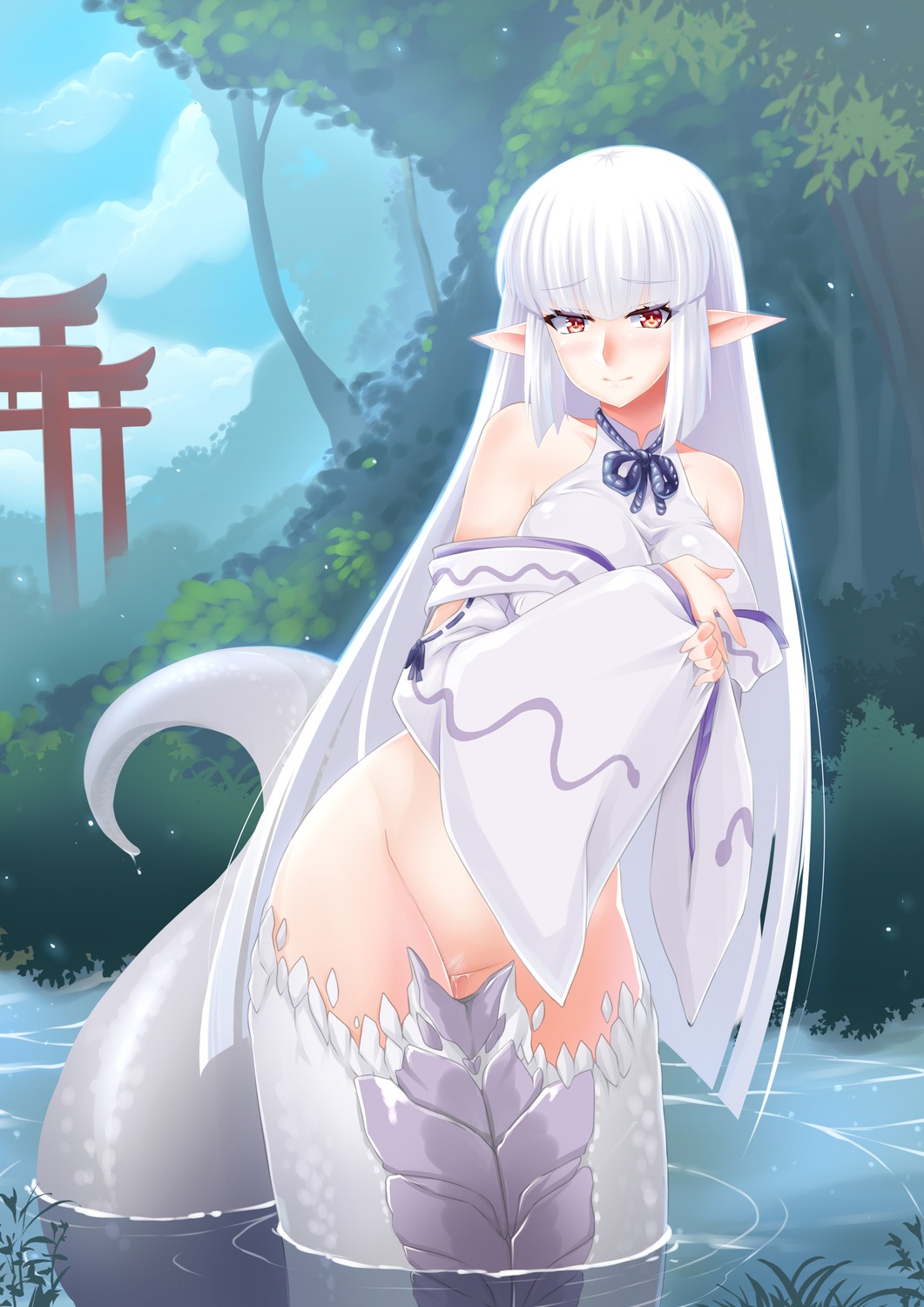 bottomless butter-t japanese_clothes monster_girl monster_girl_encyclopedia pointy_ears pubic_hair pussy_juice shirohebi_(monster_girl_encyclopedia) tail wet