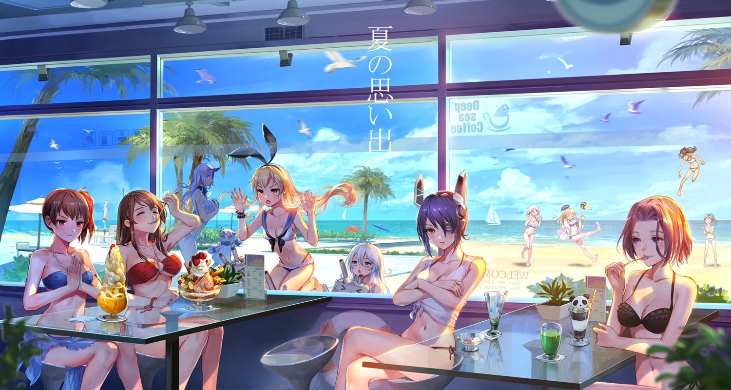 akagi_(kancolle) bikini breast_hold cleavage eyepatch hibiki_(kancolle) horns kaga_(kancolle) kantai_collection kashima_(kancolle) northern_ocean_hime rensouhou-chan shimakaze_(kancolle) swimsuits tagme tatsuta_(kancolle) tenryuu_(kancolle) underboob