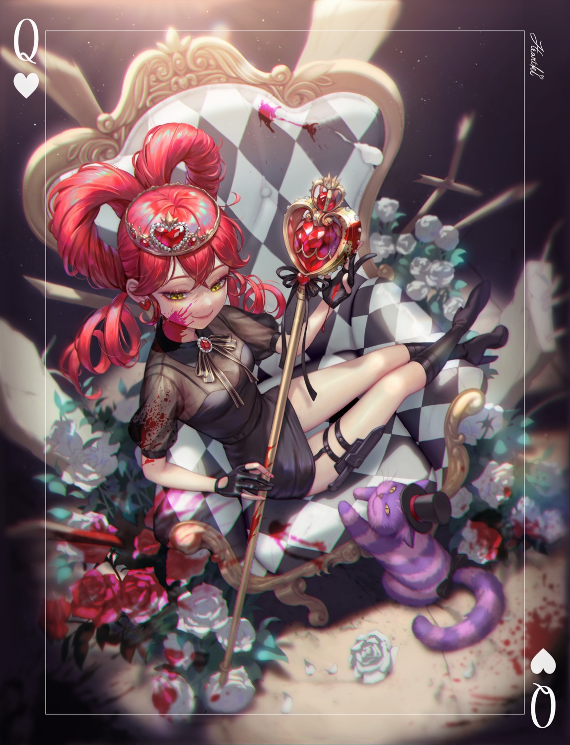 alice_in_wonderland blood dress garter heartki heels neko queen_of_hearts see_through weapon