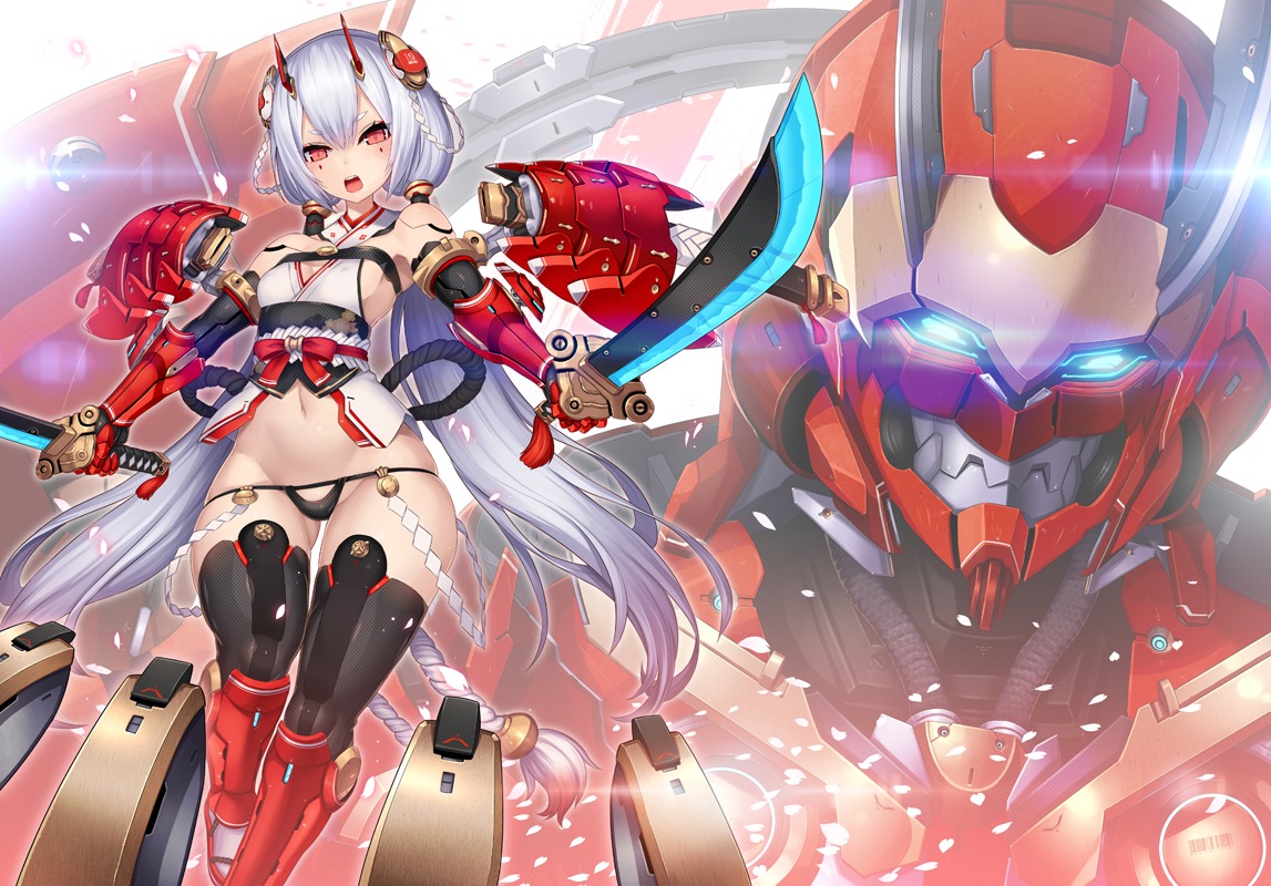 2d armor cleavage erect_nipples horns mecha mecha_musume miko no_bra sword thighhighs