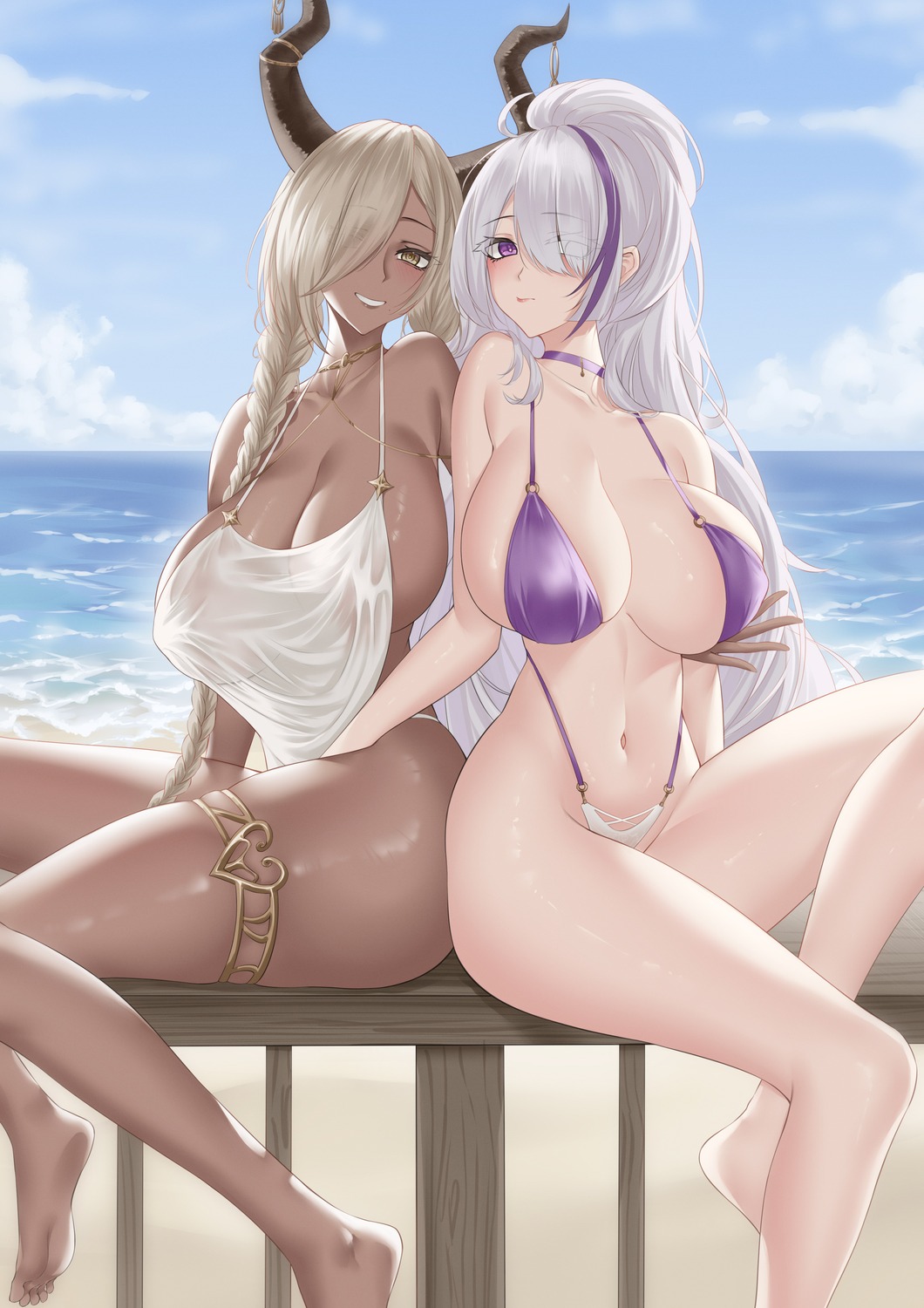 azur_lane bikini breast_grab garter horns ichikushi_mojibake no_bra owari_(azur_lane) see_through swimsuits thong unzen_(azur_lane)