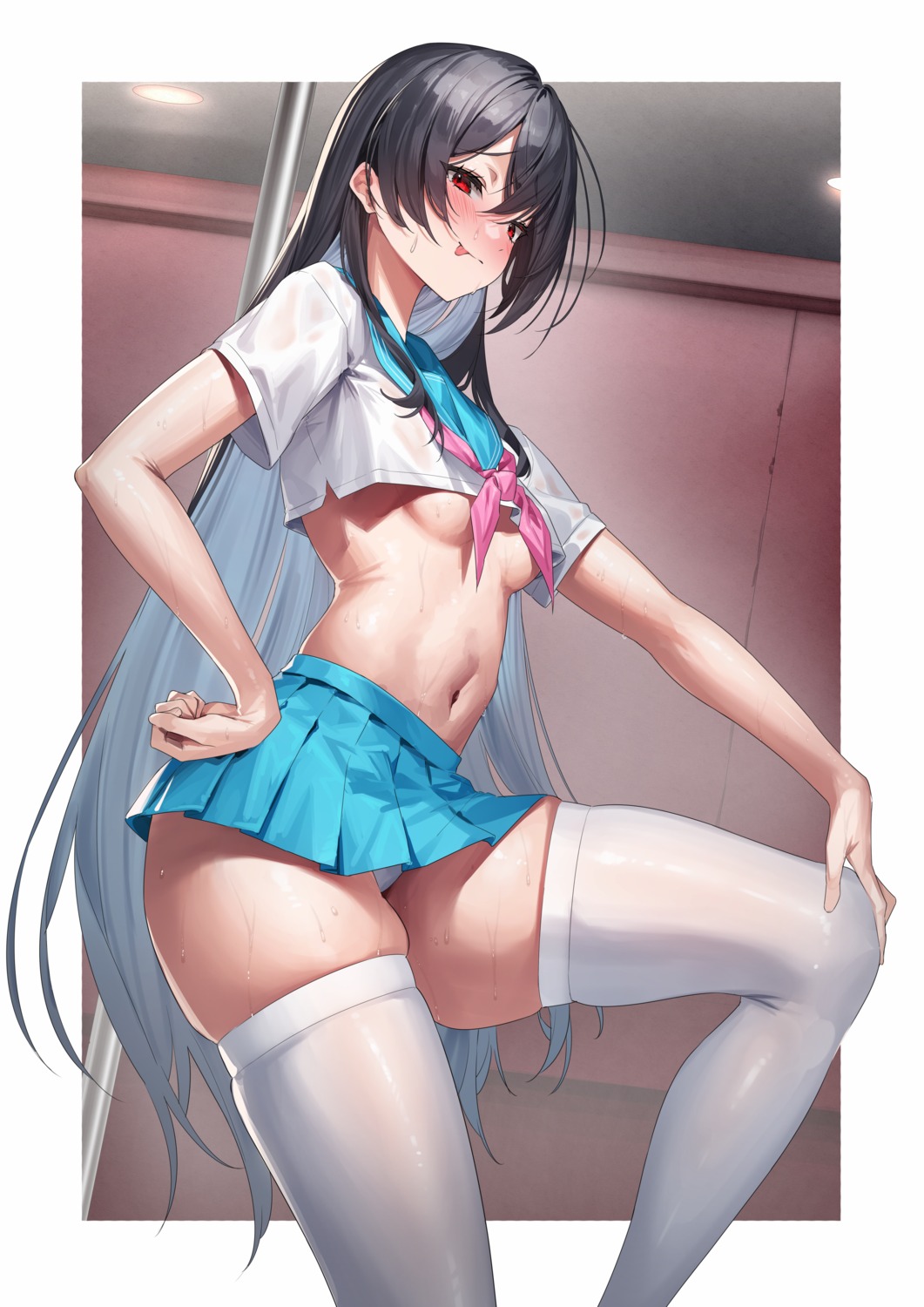 no_bra pantsu see_through seifuku thighhighs underboob wet wet_clothes yamanokami_eaka