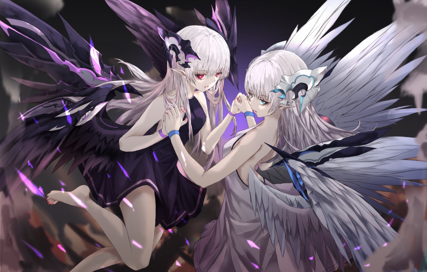 dress neon_(pixiv_31150749) no_bra pointy_ears wings