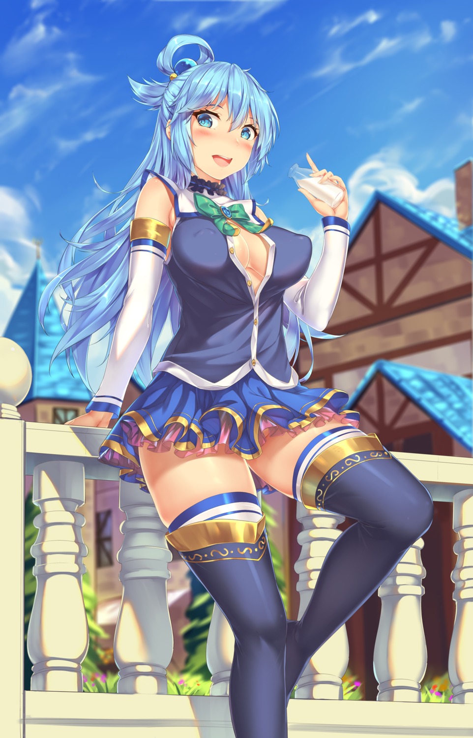 aqua_(konosuba) cleavage erect_nipples kono_subarashii_sekai_ni_shukufuku_wo! no_bra open_shirt sgt-jz thighhighs