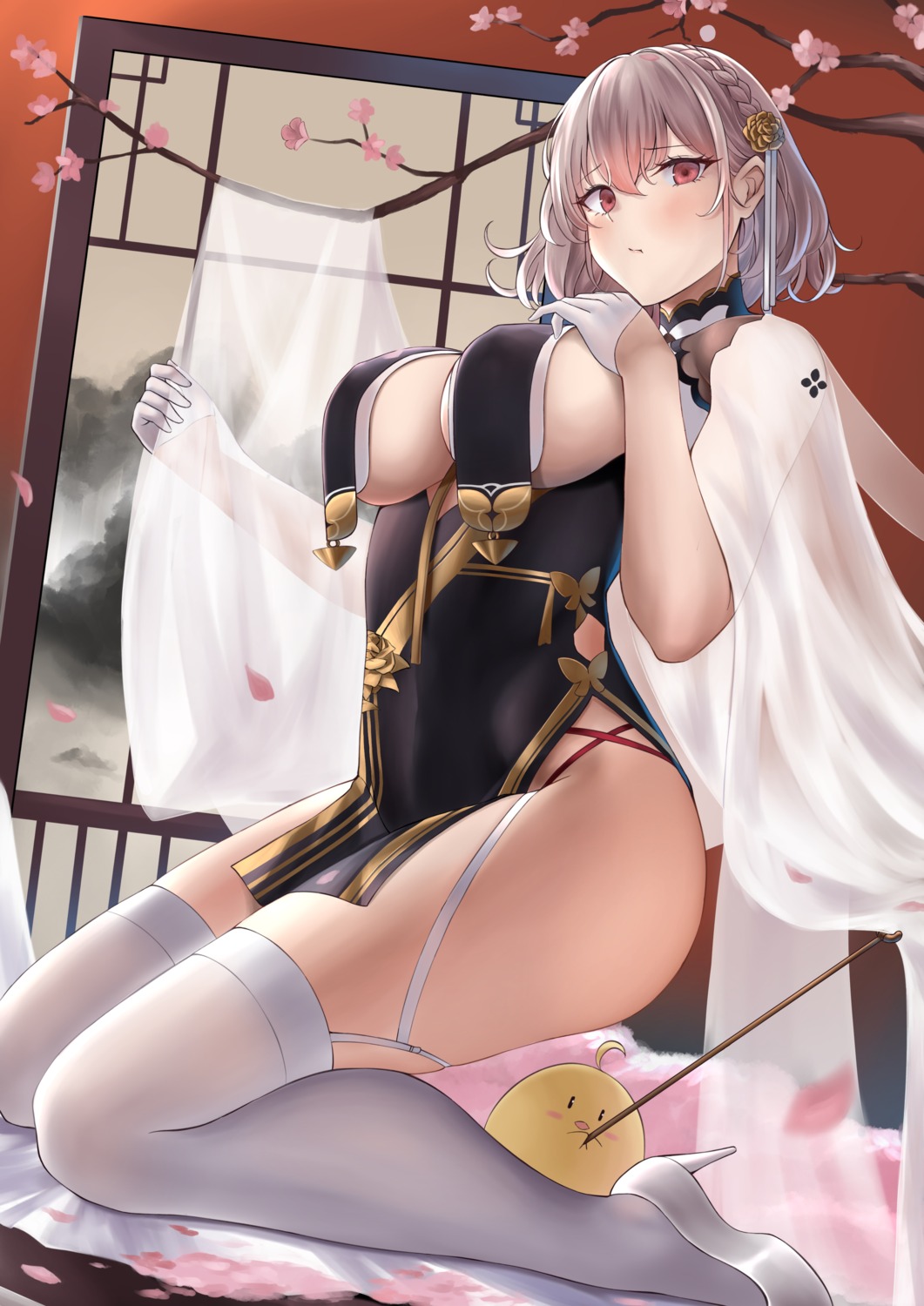 asian_clothes azur_lane breast_hold erect_nipples heels manjuu_(azur_lane) no_bra numaguro_(tomokun0808) see_through sirius_(azur_lane) stockings thighhighs