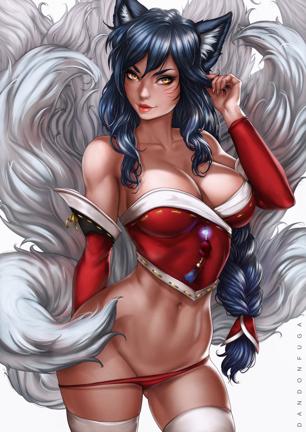 ahri animal_ears cleavage dandon_fuga league_of_legends pantsu panty_pull tail thighhighs undressing