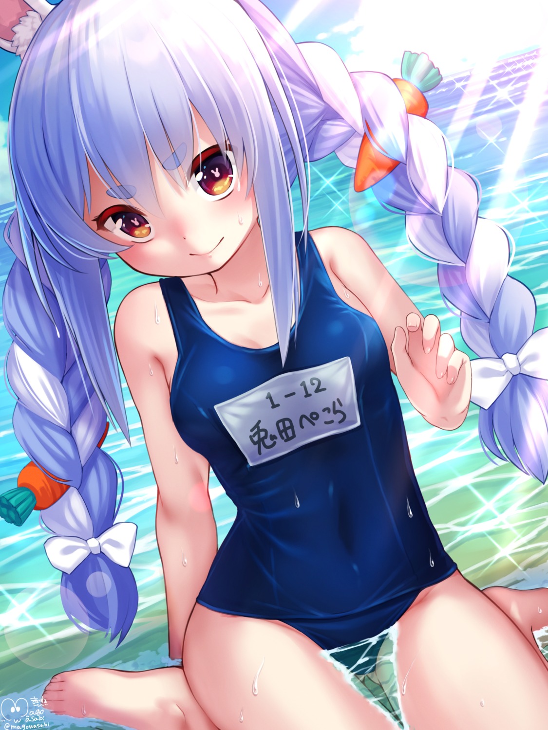 animal_ears bunny_ears hololive magowasabi school_swimsuit swimsuits usada_pekora wet