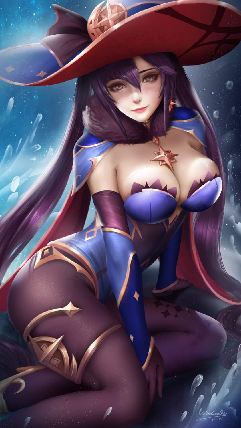 cleavage garter genshin_impact leotard mona_megistus no_bra pantyhose windwalker witch