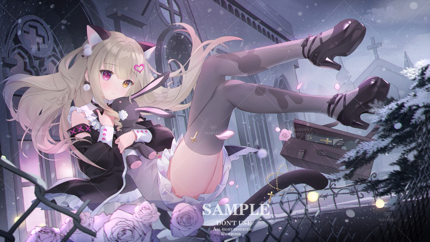 animal_ears heels heterochromia nekomimi sample somna tail thighhighs watermark