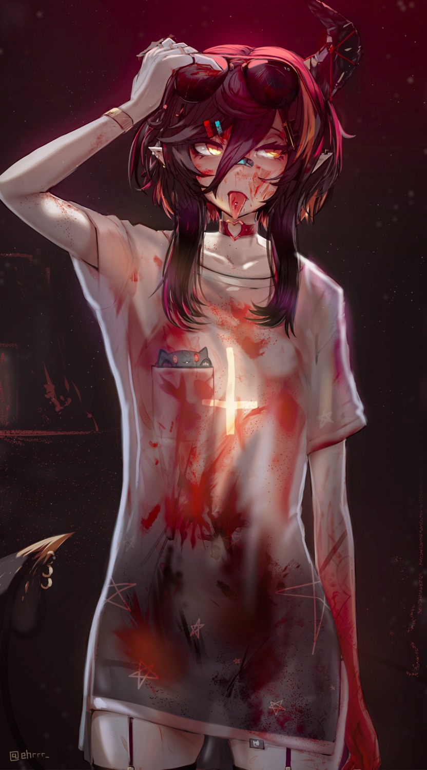 blood ehrrr horns megane pantsu pointy_ears see_through stockings thighhighs