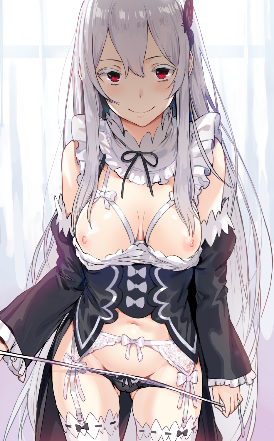 breasts cosplay echidna_(re_zero) garter_belt hews maid nipples no_bra pantsu panty_pull re_zero_kara_hajimeru_isekai_seikatsu stockings string_panties thighhighs undressing