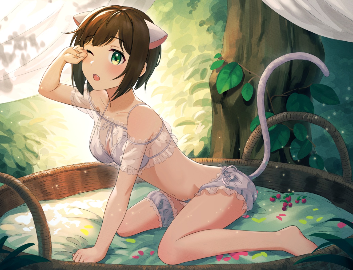 animal_ears bloomers bra cleavage garter kurageso lingerie maekawa_miku nekomimi see_through tail the_idolm@ster the_idolm@ster_cinderella_girls