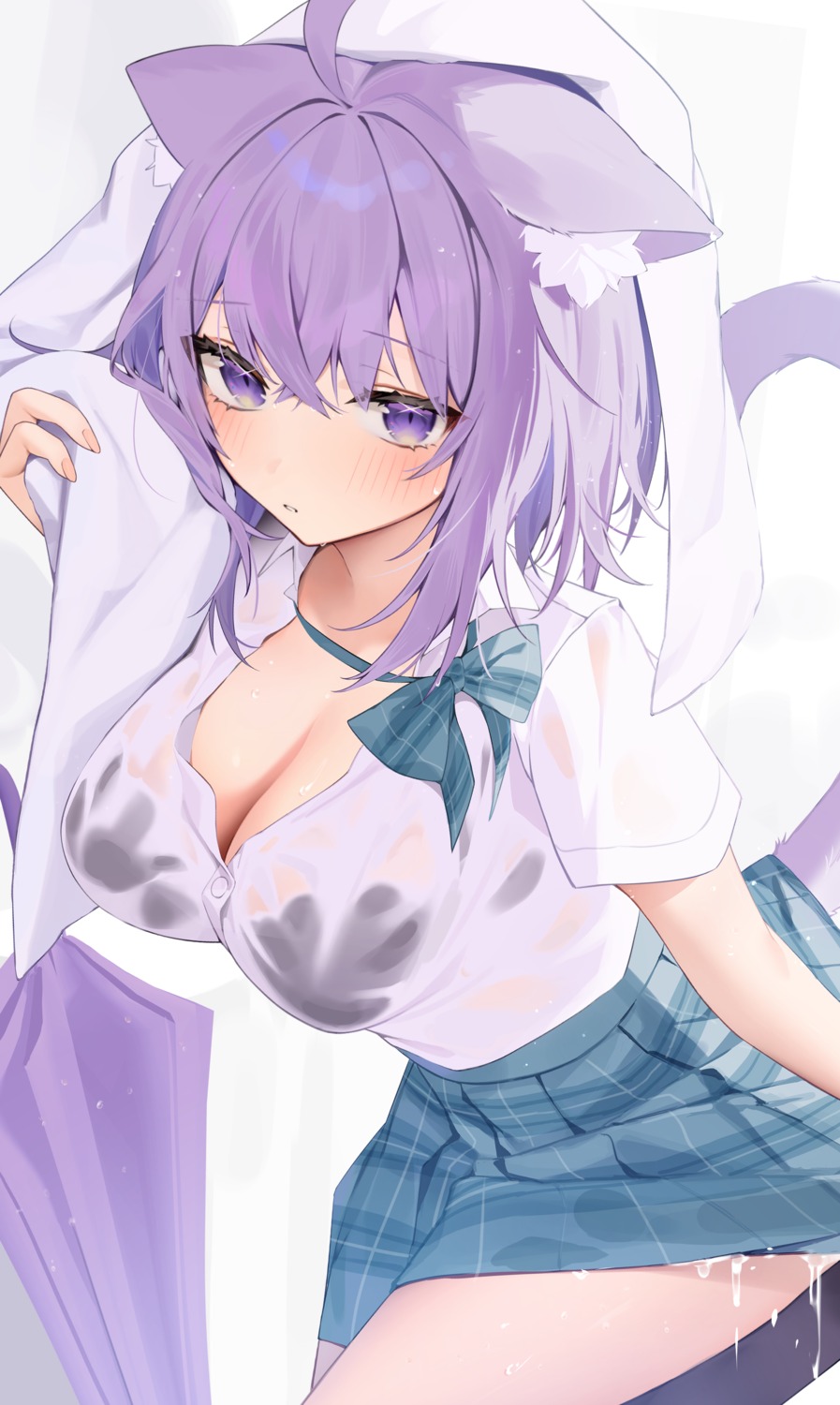 animal_ears bra hololive hololive_gamers nekomata_okayu nekomimi see_through seifuku setokane tail towel umbrella wet wet_clothes