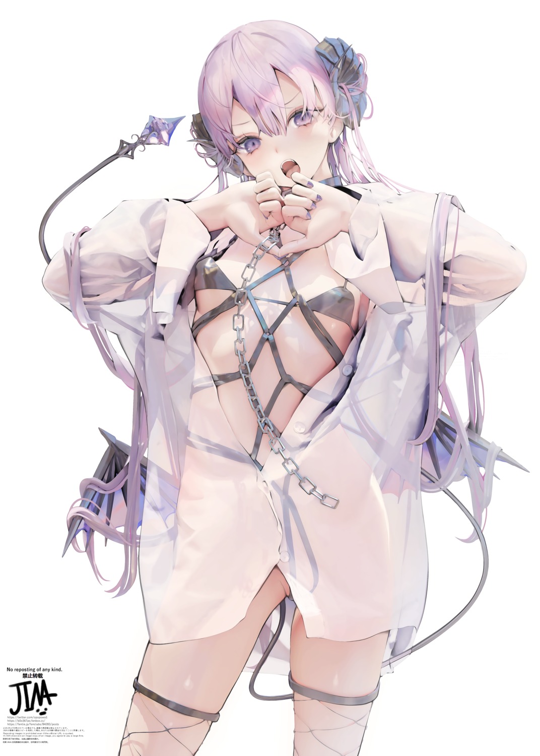 bra dress_shirt erect_nipples fishnets horns iijima_masashi nopan open_shirt see_through tail thighhighs wings