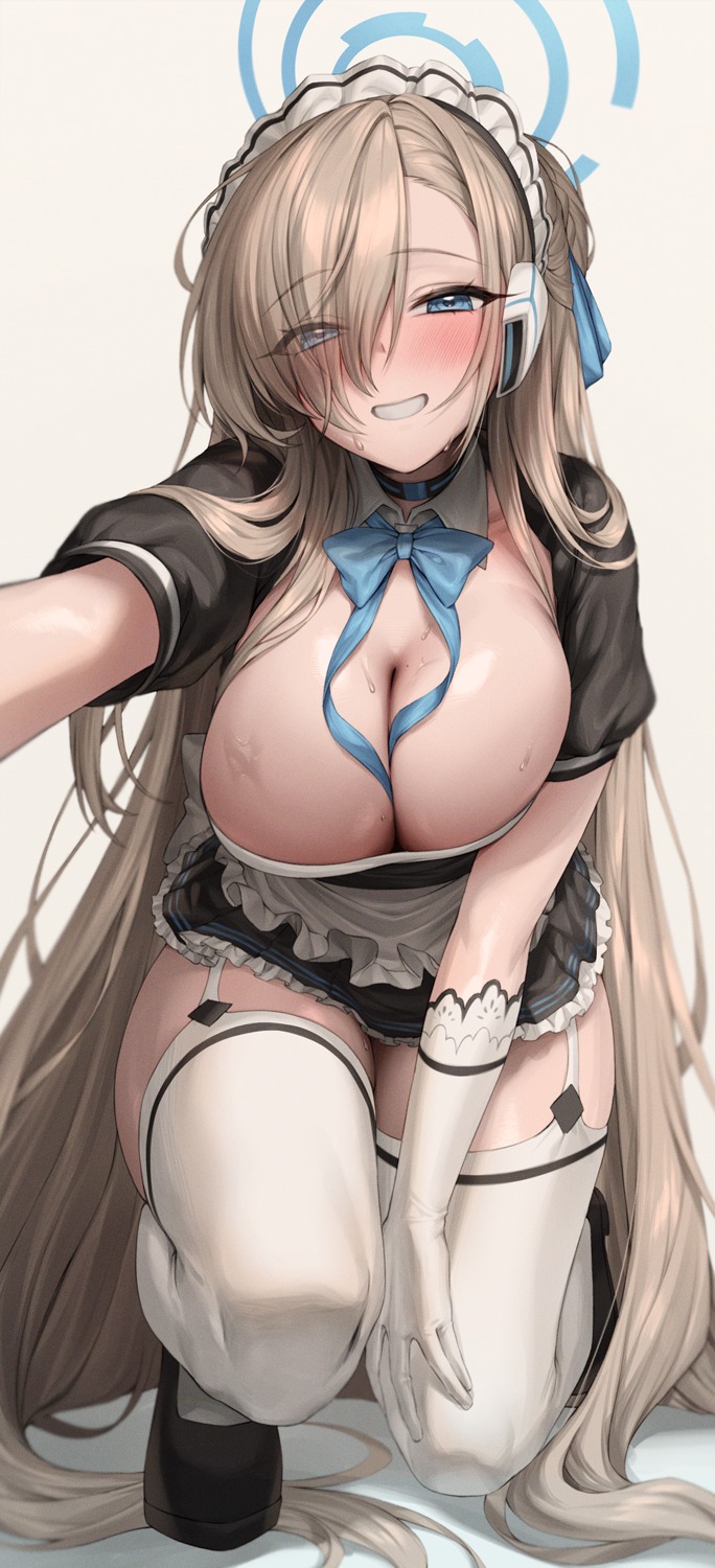 blue_archive halo ichinose_asuna maid no_bra selfie stockings thighhighs xiho_(xi_ho_)